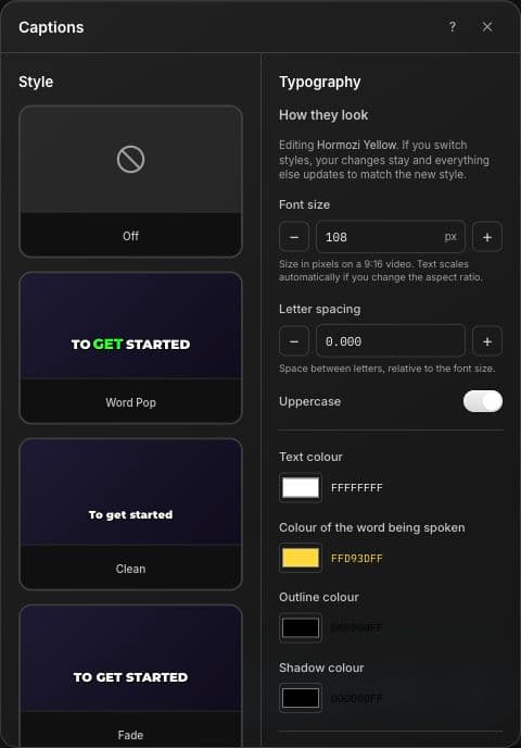 Actual PowerCut AI caption style presets and typography controls